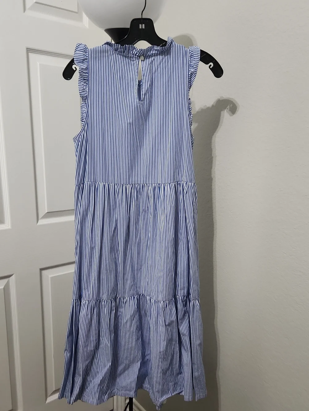 J.Crew Tiered Flounce Searsucker Blue/ White Stripe Ruffle Sleeveless Dress Sz 4